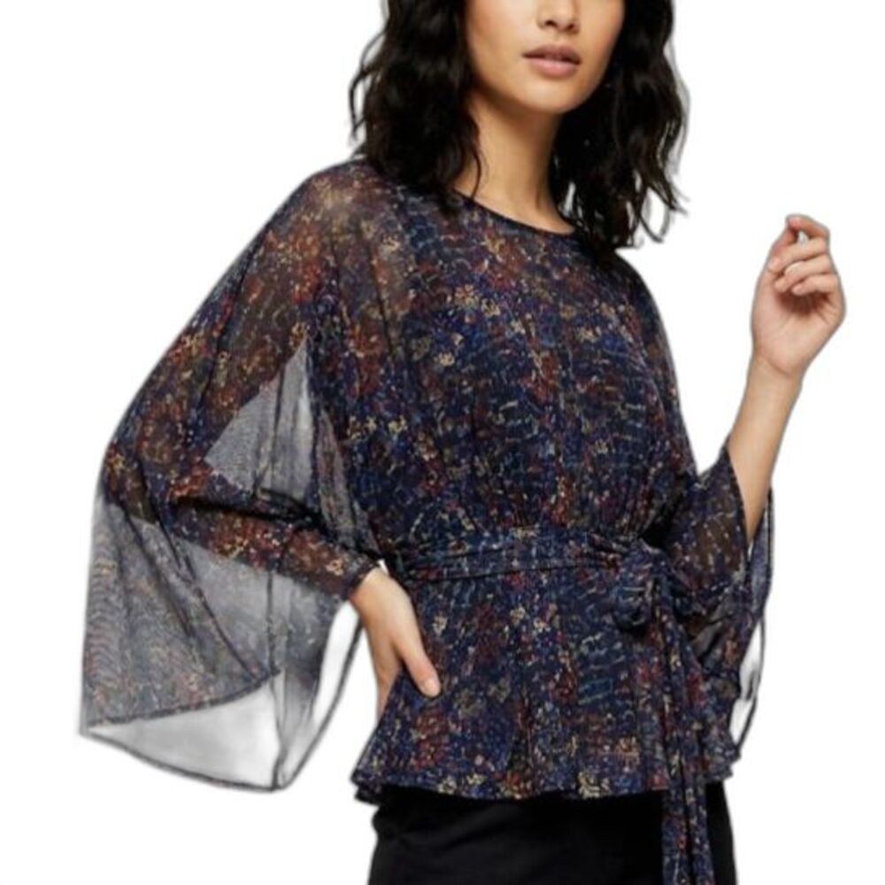 Topshop Women's Black Abstract Print Sheer Batwing Self Belt Poncho Top Size 8